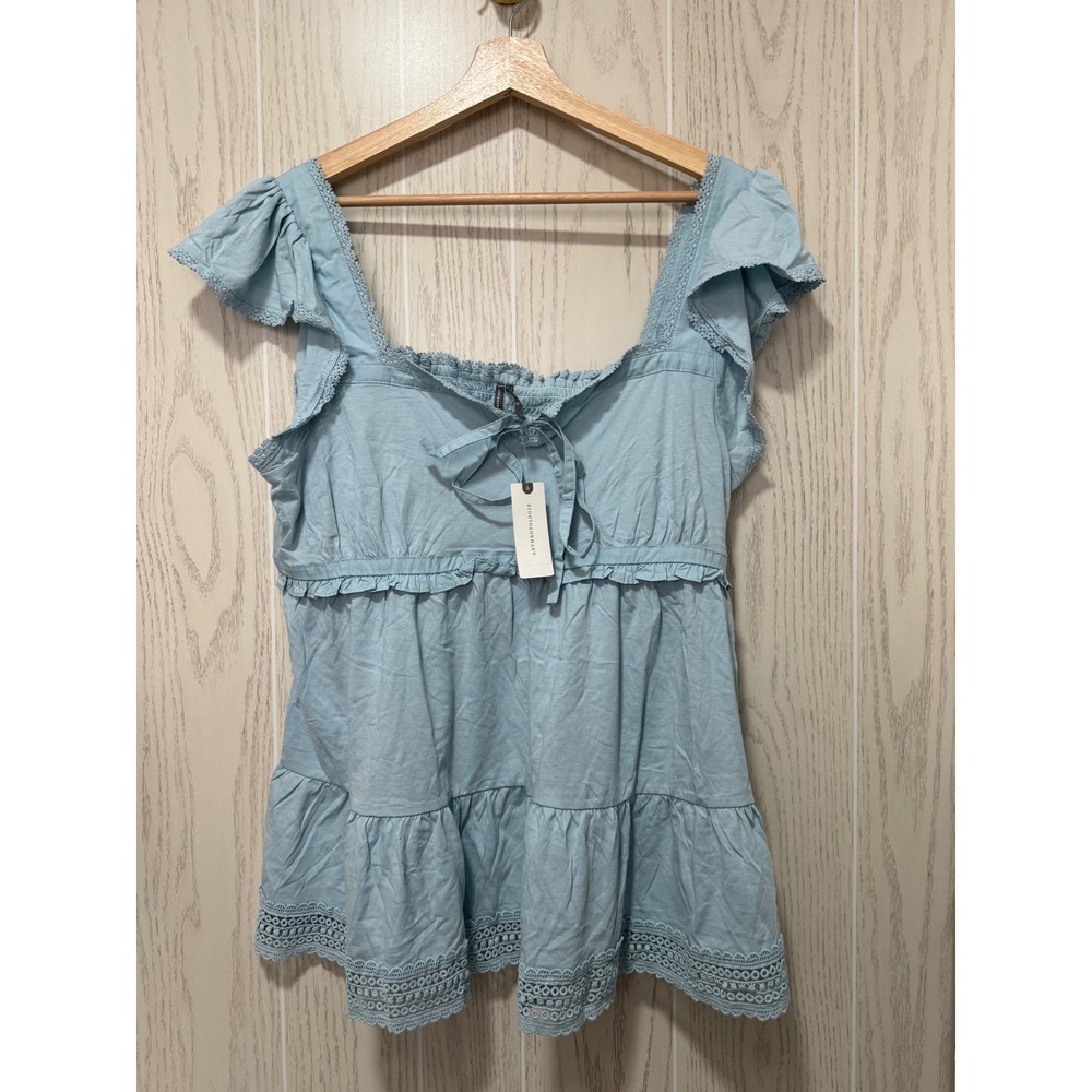 Anthropologie Misty Blue Tiered Flutter Sleeve Lace Hem Babydoll Top XL NWT